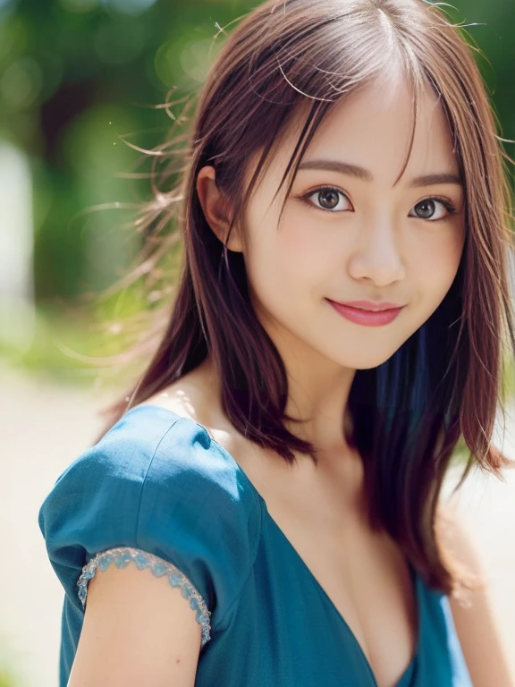 masterpiece, Best Quality, Raw photo, 8K, ultra-detailed face, 1girl, Beautiful detailed skin, backlight, soft light, bashful, (shoot from front:1.2), smile, Luminescent, Anatomically correct, Medium hair swaying in the wind, Eyes and faces with detailed, Textured skin, Professional Photography, Bokeh, Portrait, Professional Lighting, Solo, Cute, Girly, Film grain, sweater, Watermill,