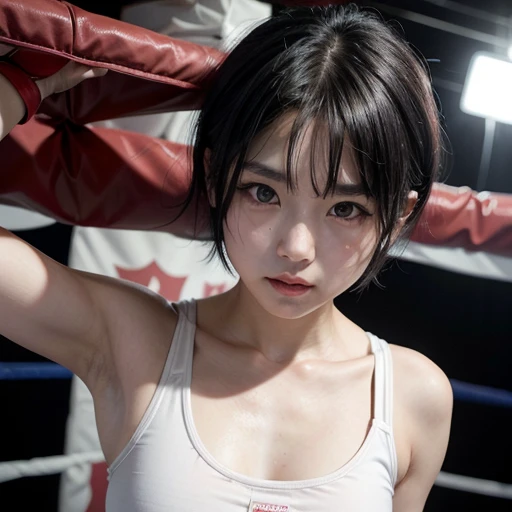 arafed naked asian woman with a bob hair posing in a boxing ring, a portrait inspired by Leng Mei, unsplash, realism, posing ready for a fight, she is ready to fight, chun li in the gym, ruxing gao, posing for a fight, in a boxing ring, naked against the storm, ready to fight, hitting a pretty girl like an idol on a bag