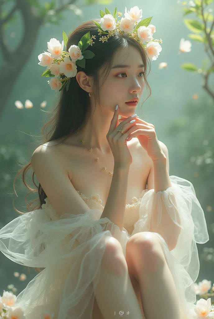 32k, Masterpiece, Highest quality, One girl, Detailed eyes, flower,gladiolus, Yellow and pink style,A dreamy, romantic piece,Pale yellow, Mysterious Leaves,A playful arrangement,Fantasy,High Contrast,Ink strokes,explosion,Exposure, Impression of yellow and white tones,Abstract,((Watercolours by John Berkey and Jeremy Mann )) Brush strokes,Negative Space, Tyndall effect,