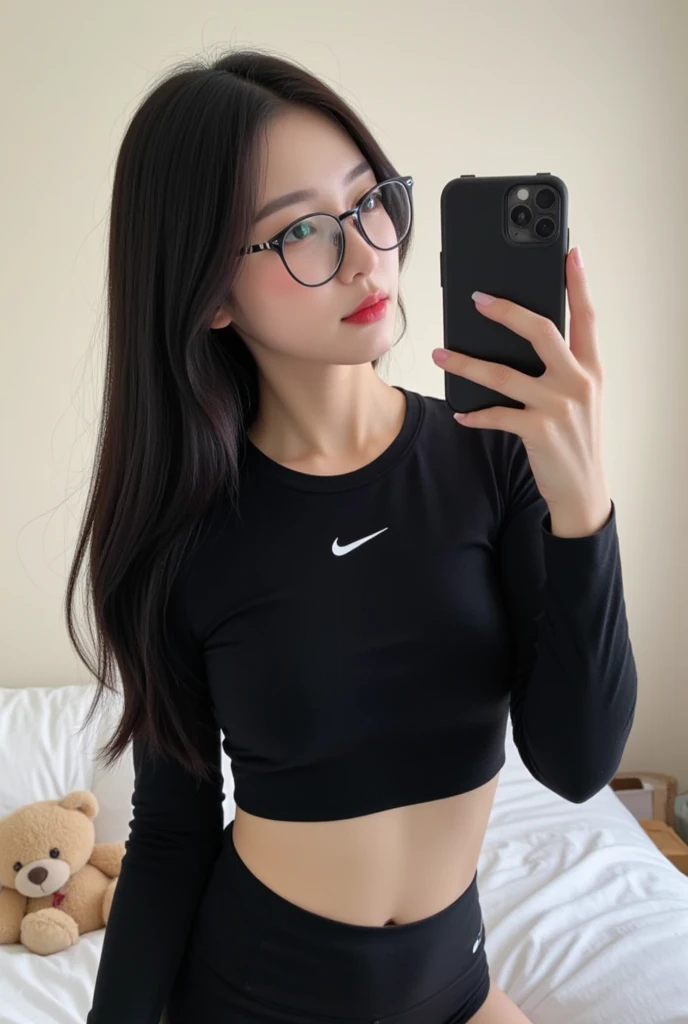 Beautiful woman。Wearing a jersey。Black-rimmed glasses。Hairstyle Ponytail。Seated and relaxed position。