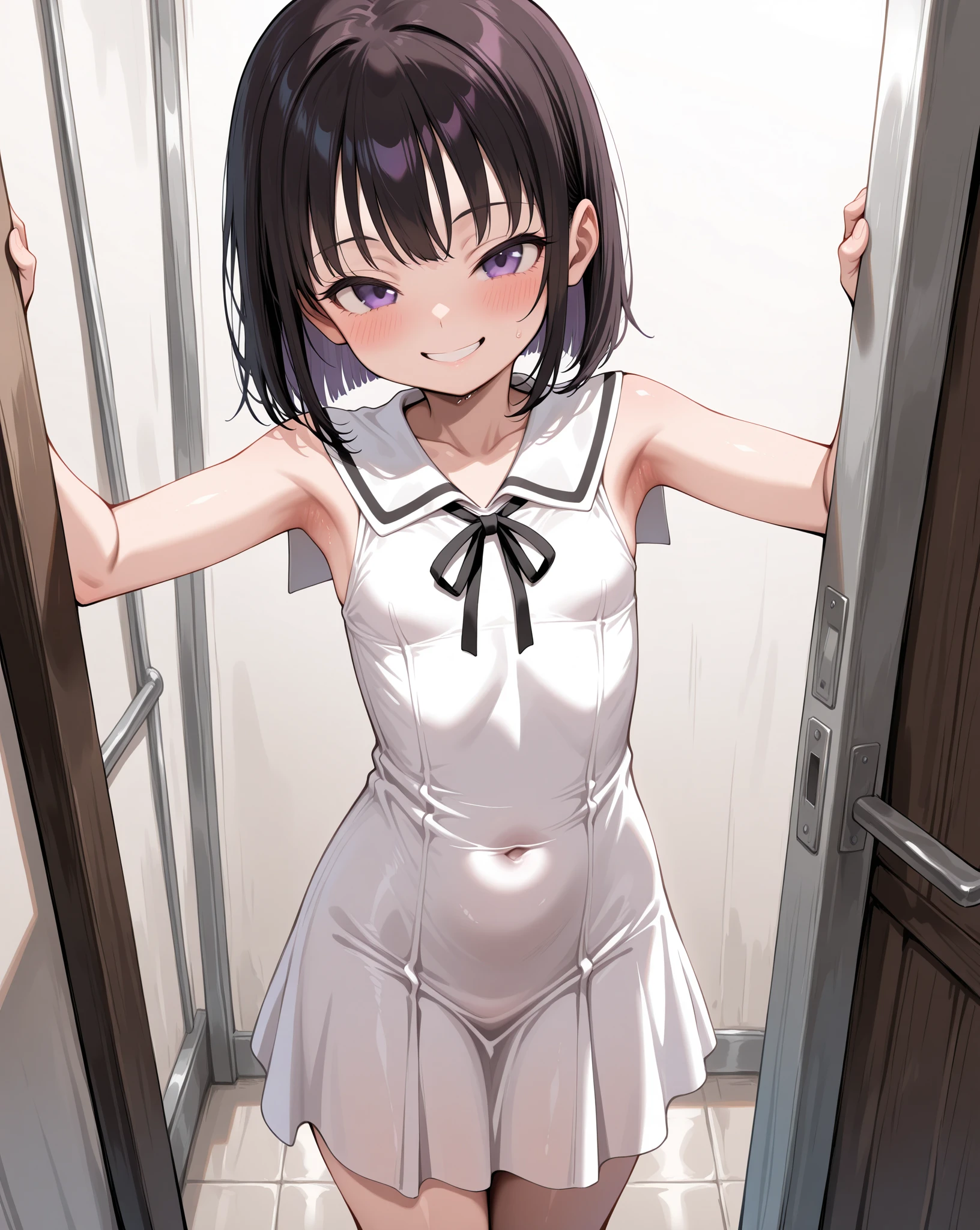 Black Hair,Cute baggy clothes,Trendy hairstyles,Little pretty girl,slender,Public bath dressing room,Short Hair,NSFW,Several men around,The men around are looking at the girl,Young Girl,Sweat,A little love juice,smile,Primary school students,Undressing