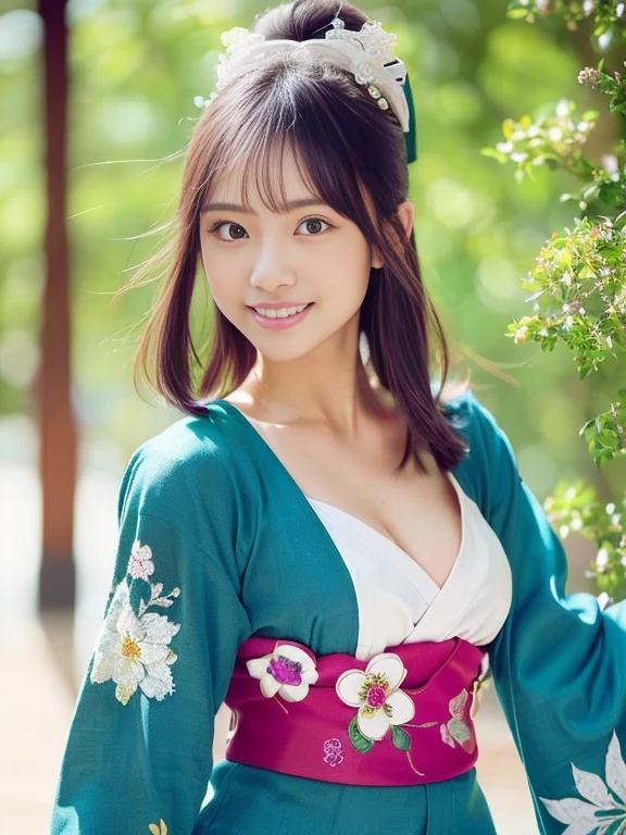 masterpiece, best quality, illustration, ultra-detailed, finely detailed, high resolution, 8K wallpaper, perfect dynamic composition, beautiful detailed eyes, Japanese garden, kimono, medium hair, small breasts, elegant pose, smile, looking at camera