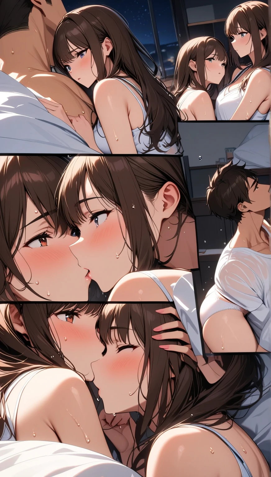 score_9, score_8_up, score_7_up, score_6_up, source_anime, masterpiece, best quality, very aesthetic, uncensored, hand_under_clothes, 1girl, 1boy, (kiss on the lips:1.3), cute face, lace camisole, round breasts, small breasts, (hand touch her breast:1.3), seductive, voluptuous, long hair, brown hair, living room, window, window blinds