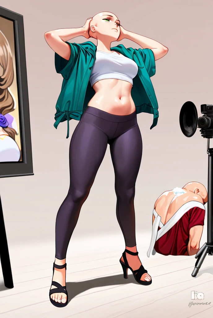 Mulher de terno preto em frente a uma parede de quadrinhos, vestindo malha, vestindo um bodysuit preto, coxas expostas!!!, terno asuka sob a roupa!, bodysuit preto apertado, Coxas!!!, Coxas!!!!!!, Corpo Pinup, collant, hand on hips, Comic Pinup style, coxas grandes, Bodysuit preto