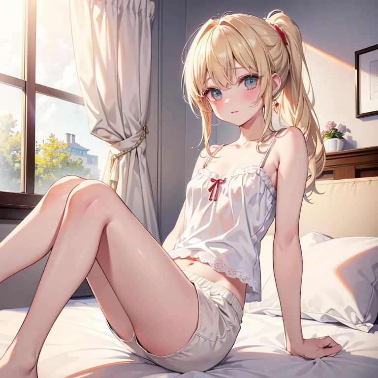 high quality, 最high quality、 Stylish design, (((The cutest girl))), ((Thin legs))、(((最high quality))), High resolution, ((detailed)), ((masterpiece)), ((Super detailed)), 14-year-old girl、(Inner color hairstyle）,((bed)),((camisole、Bra inside、mini skirt、Underwear inside)),((Sexual))