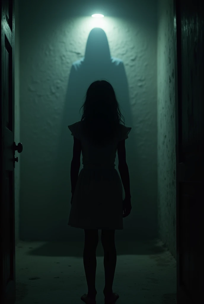 ((High definition, Masterpiece, 8k, Digital Photography, Digital Art)), ((Dark illumination)), contrast, white illumination, A pretty young school girl, young face, pale skin, scared, ((Scared pose)), in an old house, ((Ghosts coming out from the walls))