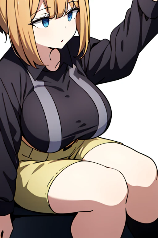 4k, high quality, obese shinobuYoung, masterpiece, Best quality, absurdity, obese 1girl, big cheeks, Blonde hair, Yellow golden eyes, One, Sort, night, big breasts, obese , stands on all fours, Spread her legs, looking, Return back to the viewer, bare shoulders, white short dress, sliding belt, clavicle, (view from above:1.1), (inexpressive:1.1), slim, browse, (Checkered floor:1.5), (knee up:1.3)