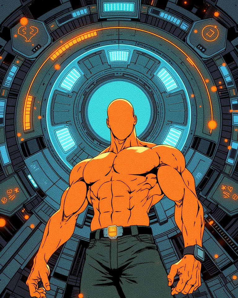 In a spaceship, hot daddy, shirtless, muscular, shorts
