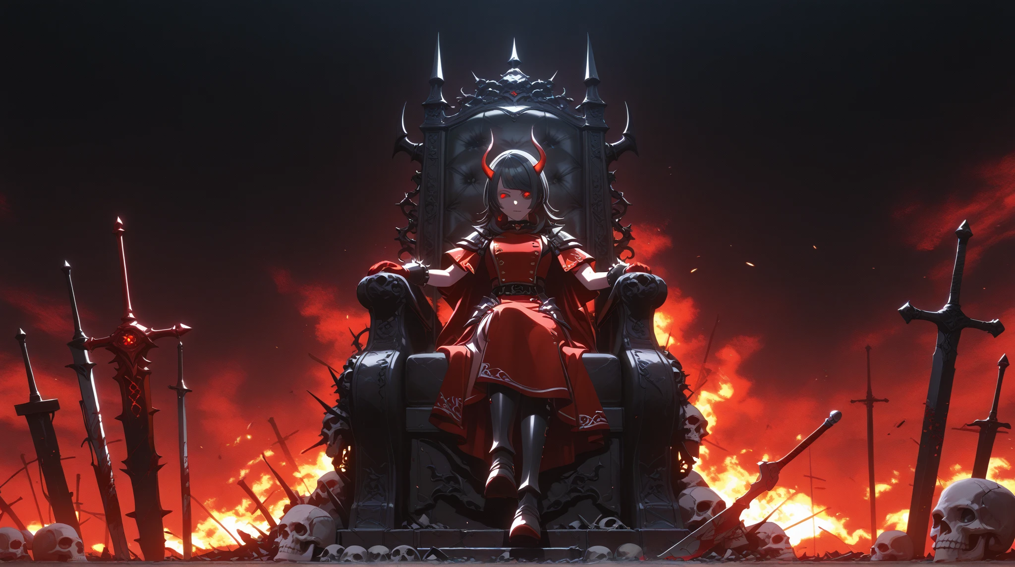 one girl, is the side of the band :1.2, whole body ,Yahata Umiri, Ave Mujica, long hair, black hair, clad in crimson spiked armor stained with blood, eyes glowing with scarlet fury, devil horns, Sitting on the Skull Throne, standing in a burning battlefield littered with bones and broken weapons