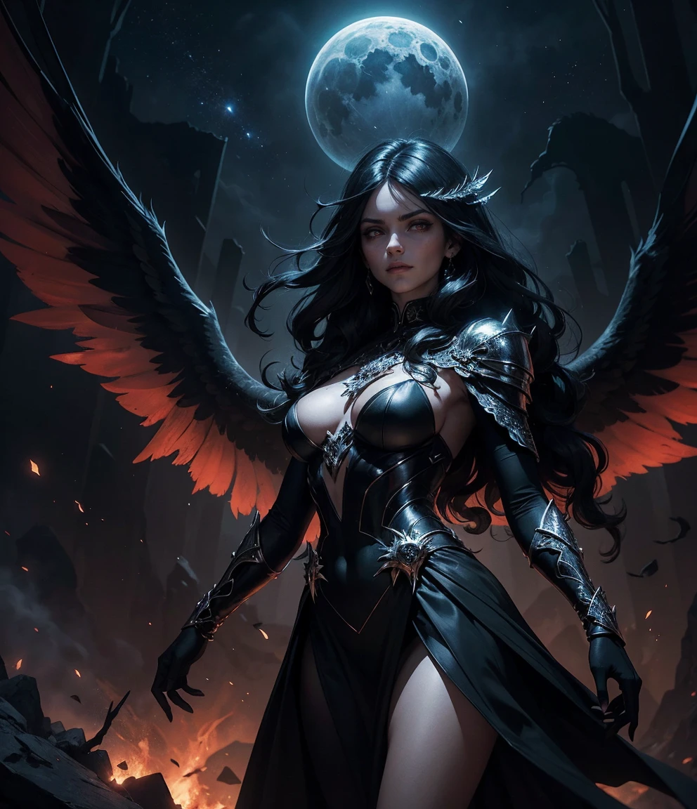Pintura mate fina, skeleton dark angel big wings haunted castle on drawing board full of knives, horror, espeluznante, asustadizo, Horror secreto, tentacles, vacuum, ojos, Dientes Uncanny Valley Effect, miembros, Animales, Blood moon with a 20-year-old girl with dark makeup carries in her hand a scythe filled with a red liquid that runs through her perfect and naked body