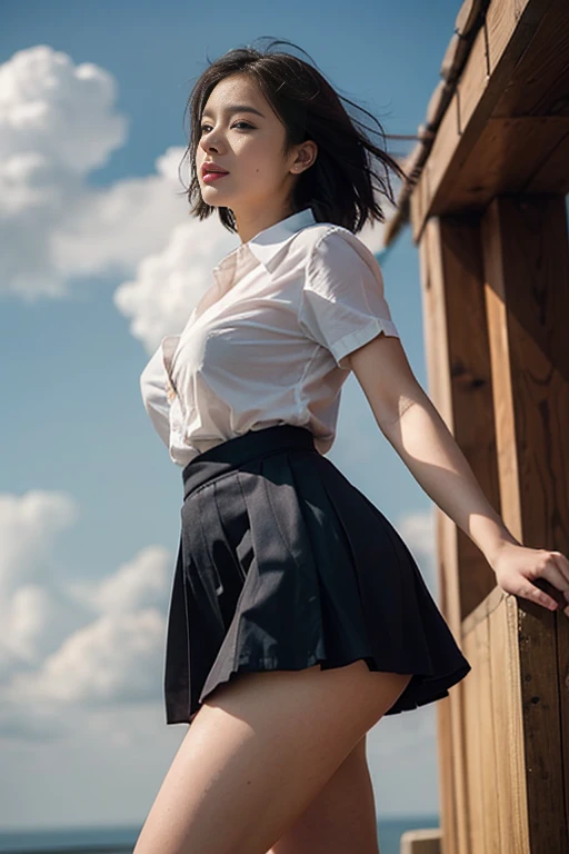 SFW, (Dynamic Angle), Looking Back Viewer, by a Telephoto Lens,
Short Bob Cut:1.5, Japanese, 20-year-old girl:1.5, Wide-Set Eyes:1.5, Very Wet Hair, Blush, Embarrassed, Very white skin, Open Mouse Slightly, Medium ASS, Small Breasts, Smiling, ((School Uniform:1.2)),
(8K, RAW Photo, Best Quality, Masterpiece:1.2), (Realistic, PhotoRealistic), (Extremely Detailed 8K Wallpaper), (Anatomically correct:1.5, Beautifully Detailed Eyes, Finely Detailed Face),
(Sunset Glow:1.0, ((Port Town:1.2)), Many Small Islands:1.0, (Many White Steep Staircases in the Mountain:1.5), (Temples existing Halfway in the Mountain:1.2), (A Big Suspension Bridge which Connects Islands:1.2), On Deck,
from Back:1.2, from Below:1.2, from Side:1.2, Full Body,
((Professional Lighting))