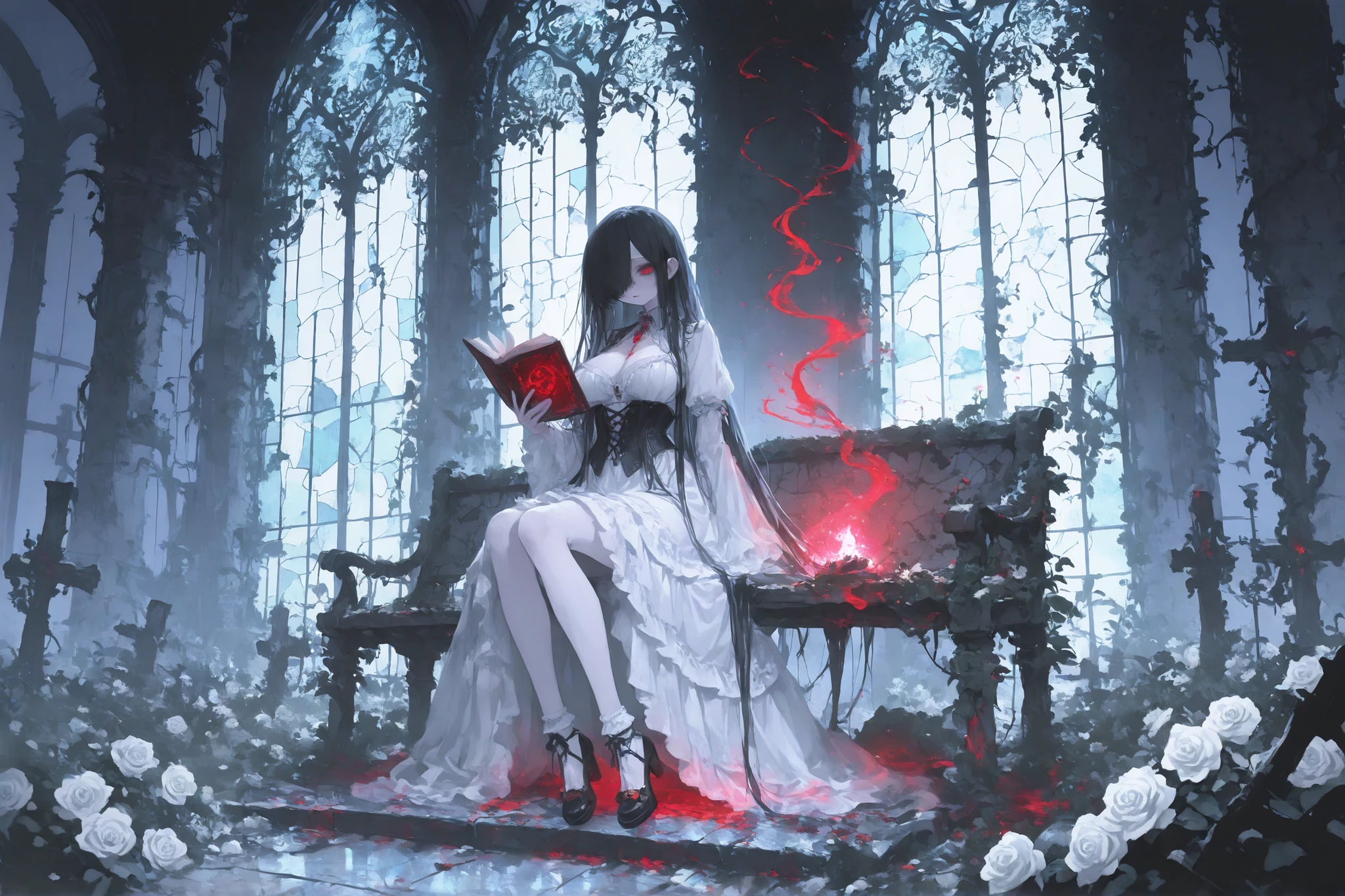 semi-transparent bodies, wearing victorian gothic dresses, sitting on a cracked stone bench, holding an old book , melancholic expressions, abandoned garden inside a ruined gothic castle, overgrown vines, shattered stone pillars, broken stained glass, full blue moonlight filtering through the ruins, glowing will-o'-the-wisps floating around, faint mist, white roses and blue laburnum blooming, ethereal glow, dark fantasy atmosphere, gothic horror, highly detailed, sharp lineart, cinematic lighting,
BREAk 1girl, Kuroki Monika, black hair, very long hair, hair over right eye, red eyes, mediumlarge breasts, (petite but curvy, very cute),