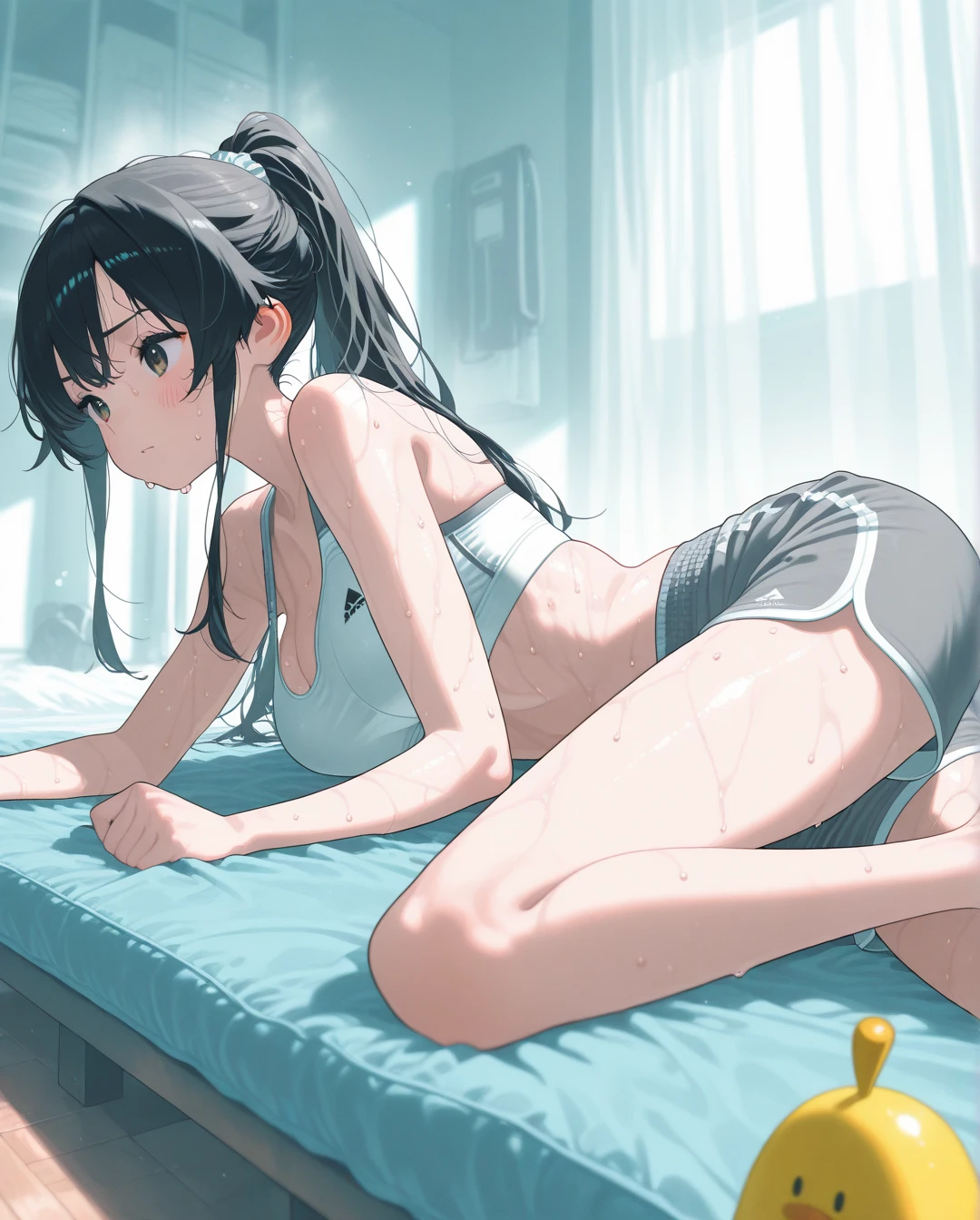 masterpiece,Highest quality,High resolution,shape,Very detailed,8k CG wallpaper,Ray Tracing,(Black Hair:1.1),((Long Hair:1.1)),(black eye:1.1),Straight hair,Medium Chest,(Sit 1:0.8),((Embarrassing:1.2)),throw,((Topless:1.3)),Navy one piece swimsuit,bed