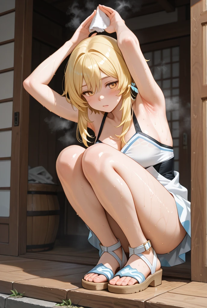 anime styled, Anime Artwork,The ultra -The high-definition,超A high resolution, ((all-fours:1.4)), Slightly lower angle, girl looking up here, Embarrassed expression of pleasure,Letting out a gasp, Pretty lips,beautiful a girl,long eyelashes, One eye is closed, Closing one eye, Twin tails bundled with a red ribbon,a blond,length hair, No clothes are worn,Not wearing a bra,no-bra, well-shaped and taut breasts,, Breasts around D cup, No panties, Panties,((barechested:1.4)),legs wide open,The areola is clearly visible., fullnude,bare-legged,opening legs,Open crotch, Draw from directly behind her or diagonally behind her., draw from the butt side, Draw the whole body from the top of the head to the toes。, Crotch wide open,legs wide open,The genitals in the crotch are fully visible, Clear butt hole, A very embarrassing gesture,「Hey look、I'm soaking wet here」While saying this, the girl opens her legs so that her own private parts can be seen, draw from the side of her butt, Your butt is facing us, Cute room with a girl, on the beds, Outside the open window, the sun is shining brightly in the clear sky without a single cloud., sweat rises on the skin