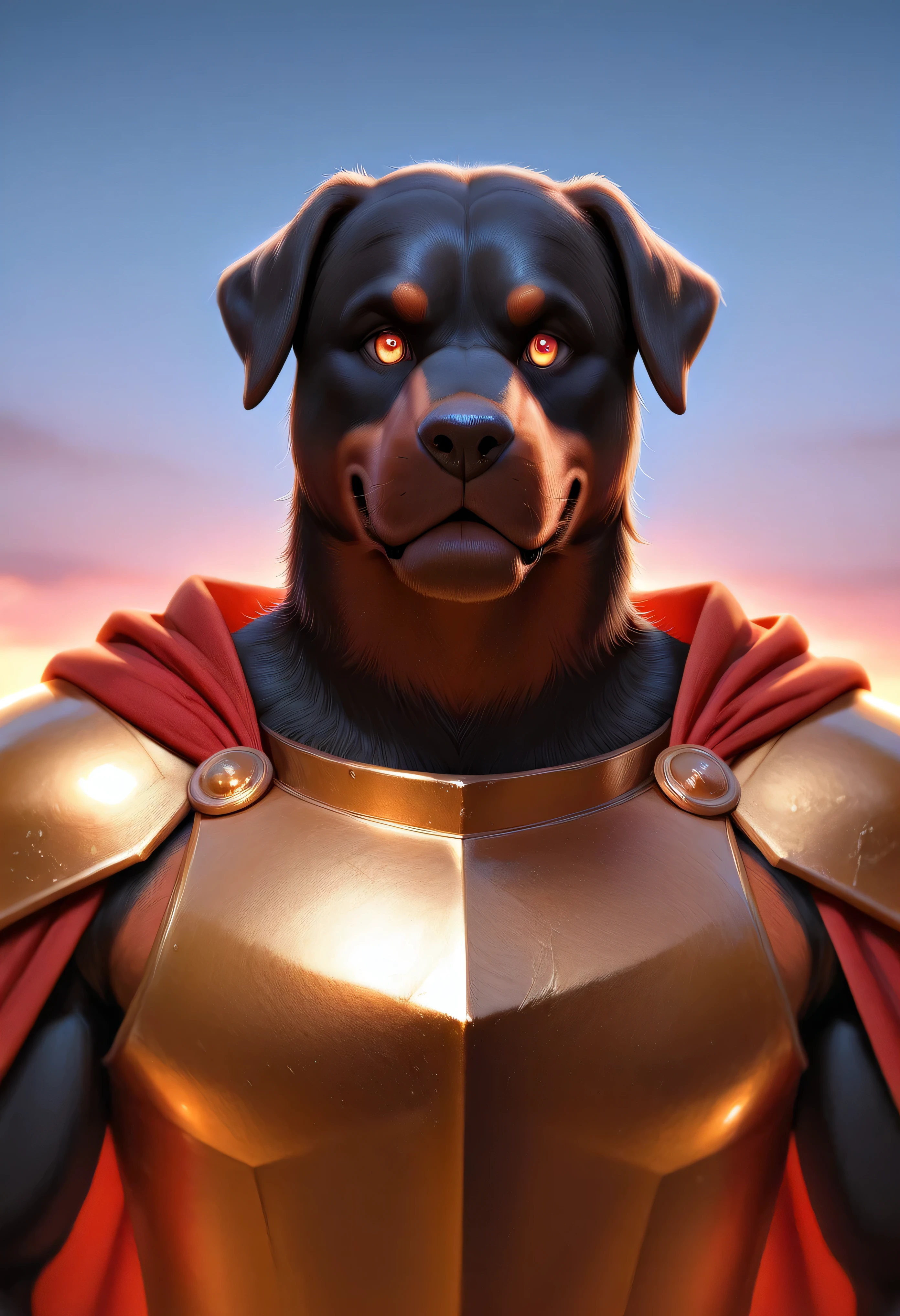 3/4 medium close-up of a majestic anthro Rottweiler in golden armor, a torn crimson cape flowing behind, glowing battle scars, intense amber eyes, semi-realistic painterly style, cinematic lighting, detailed fur texture, dusk battlefield backdrop