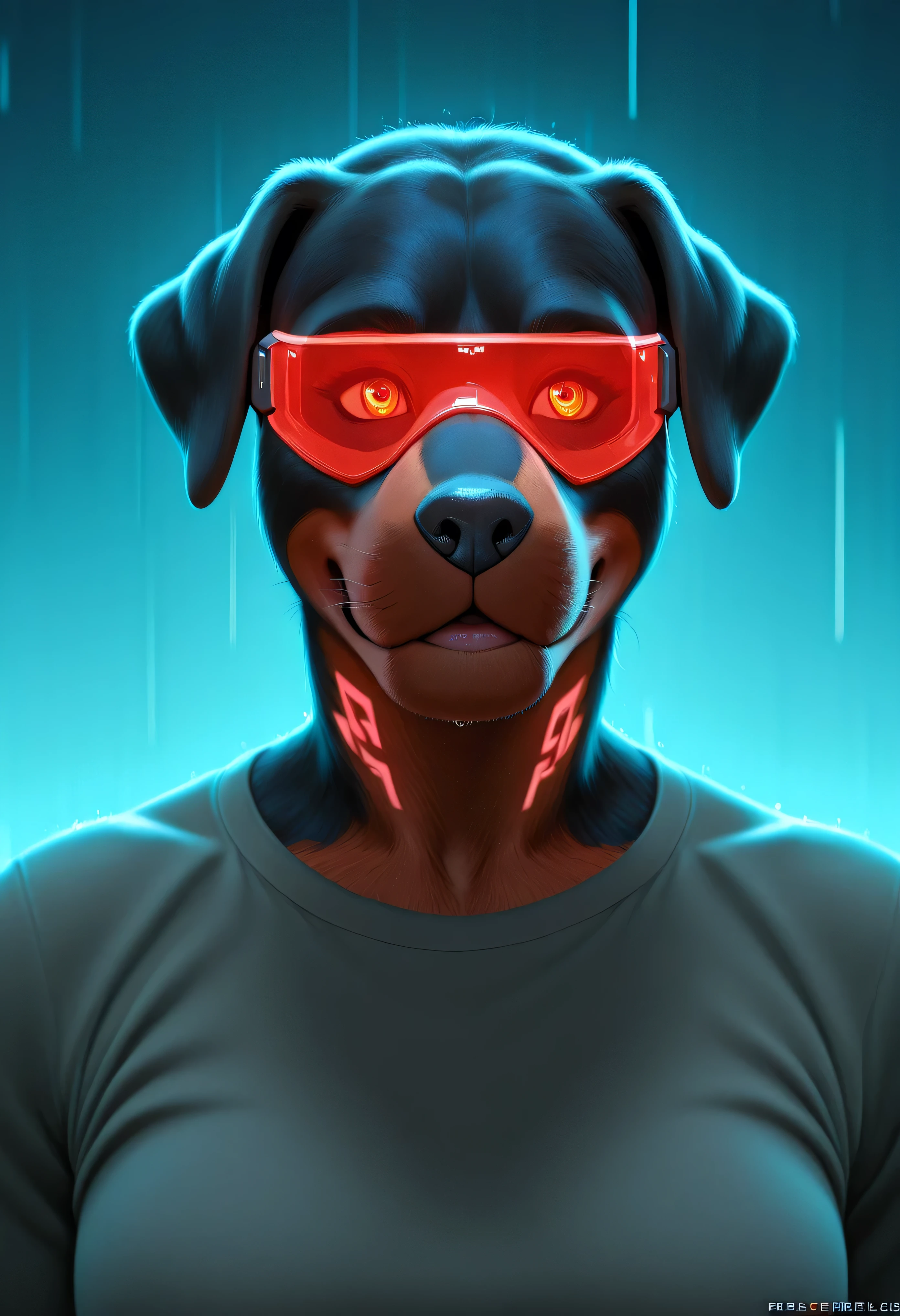 3/4 medium close-up of an anthro Rottweiler in neon-lit urban nightscape, wearing a tech visor, LED tattoos, sleek cybernetic implants, rain-streaked fur, glowing circuitry, moody futuristic setting, semi-realistic style with detailed lighting and contrast