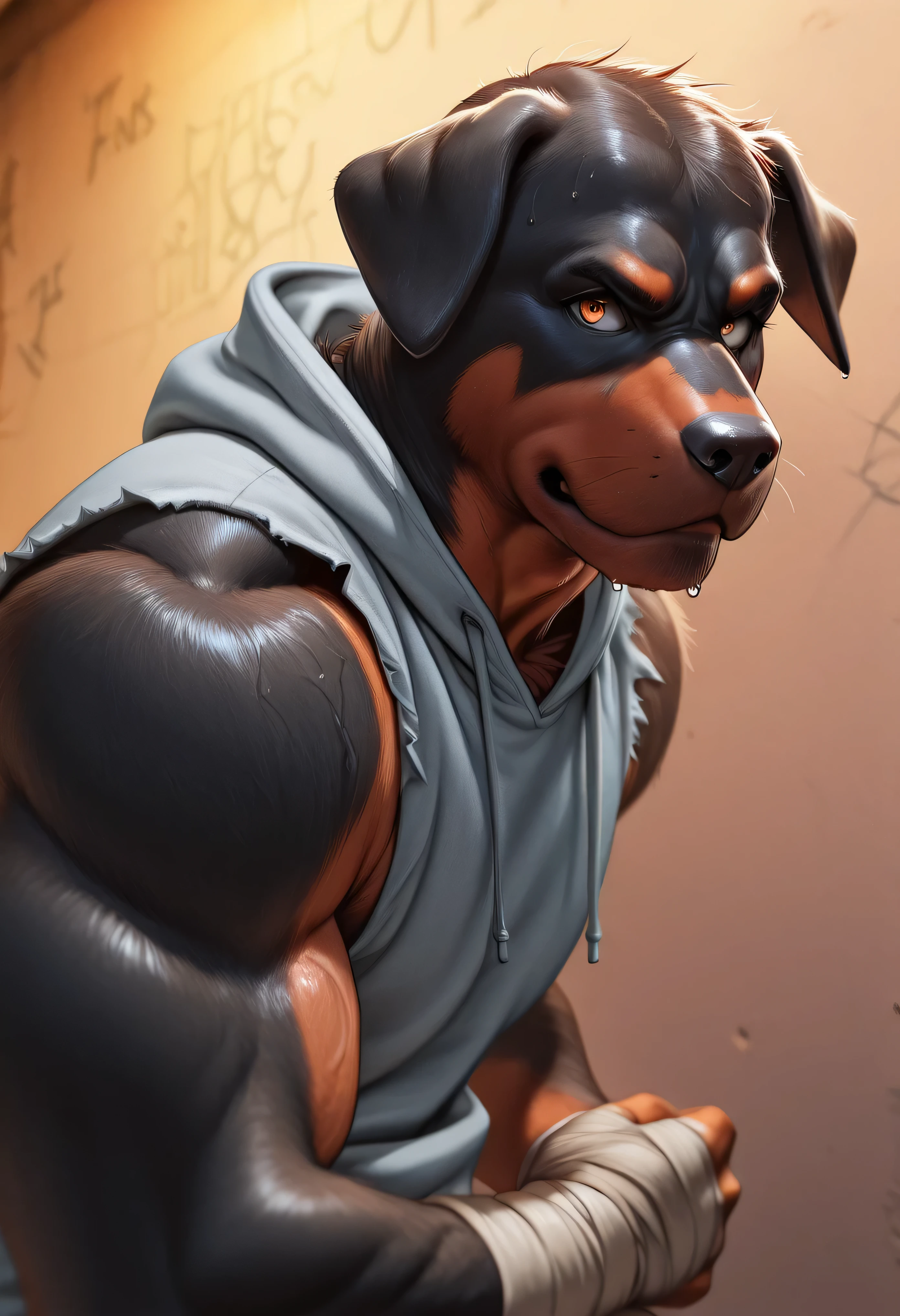 3/4 medium close-up of a muscular anthro Rottweiler in a torn sleeveless hoodie, wrapped fists, intense expression, urban graffiti wall behind, dynamic pose, flecks of sweat and motion blur, gritty semi-realistic style with strong rim lighting