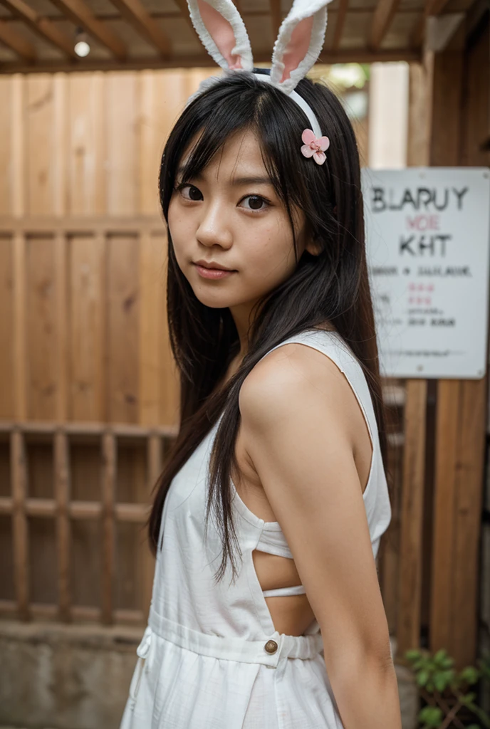 Japanese 12 yo girl, very long black hair, a white band on head, very skinny, full view standing, very small breasts, ashamed baby face, looking on camera, blue swimsuit