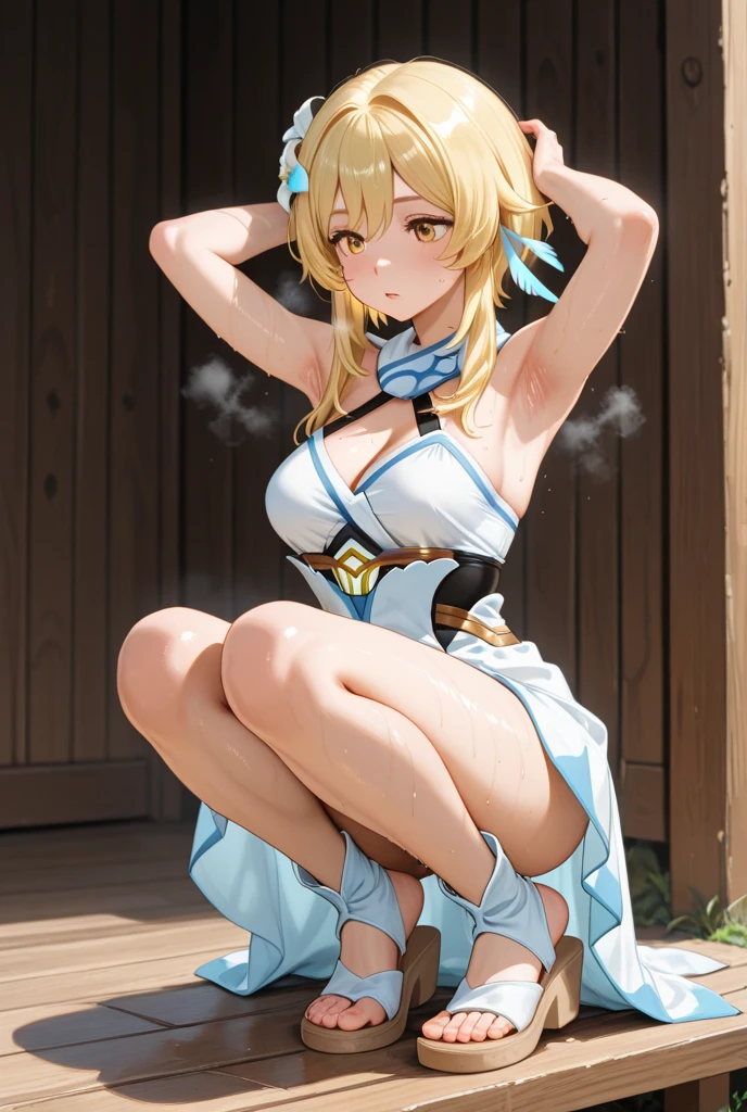 8k,masterpiece, best quality, highres,20-year-old,Sexy pose,ultra high res, best quality, dramatic, atmospheric,1girl, a very beautiful girl, glamour shot of girl, textured skin, florence_alicia,White_beret_aria_company_uniform,white_tankini_bikini, squat, cowboy shot, outdoors, ahegao,netorare,Pervert,Obscene,