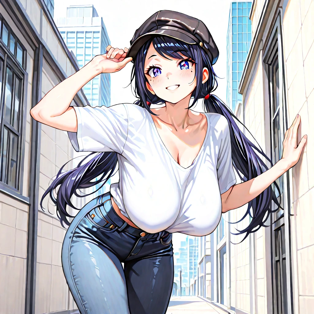 (masterpiece:1.4), (best quality), (detailed), (8k), absurdres, (1girl, solo, looking at viewer, cowboy shot), (sidewalk:1.4, tokyo \(city\)), <lora:Rizdraws [MockAi - v2.0]:0.65>, rizdraws, thick lineart, film grain, semi-traditional artstyle,  <lora:ouhara_satsuki_v3-06:0.5>, ouhara satsuki, multicolored hair, black hair, blue hair:1.5, sidelocks, blunt bangs, hair down, long hair, purple eyes, large breasts, evil grin, blue shirt, tank top, sleeveless, armpit peek, (polka dot:1.3), denim shorts, black shorts, thighhighs, striped thighhighs,