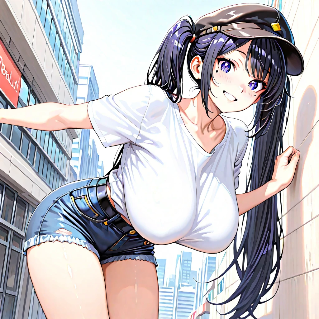 Anime Kawaii sexy Perfect Slim sensual body large breast and huge thighs, An intricate and highly detailed illustration of anime (Young girl) ((perfect ???????, super detailed skin)), 1 girl, japanese, , shiny skin, watching the view,
beautiful hair, beautiful face, beautiful detailed eyes, (long hair:1.4, twintail:1.6), (babyface), large breasts:0.5, seductive arms, seductive thighs,
((sweater, denim shorts, denim jacket)),
(smile), walking,
(beautiful scenery), inside convenience store,
(8k, top-quality, masterpiece, extremely detailed), (photorealistic), beautiful illustration, cinematic lighting,