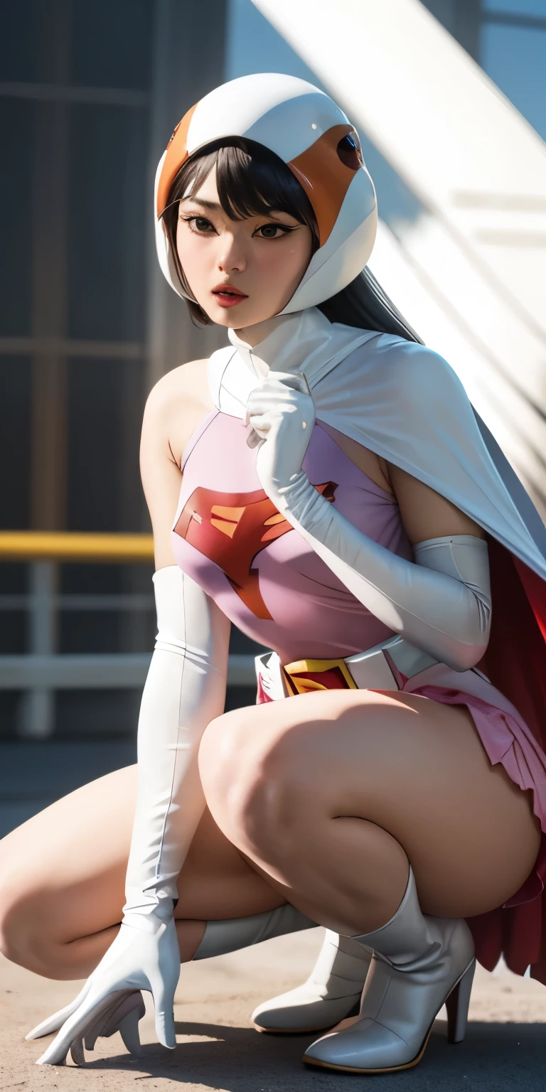 Alafi takes a photo wearing pink clothes and a cloak, V-chest open clothes, with cloak, smooth white tight clothing suit, anime girl cosplay, Superhero Girl, Trending on cgstation, anime cosplay, Cute girl in a tank suit, korean girl, Shahi, Chen Xintong, Wenfei Ye, wearing a two-piece swimsuit
