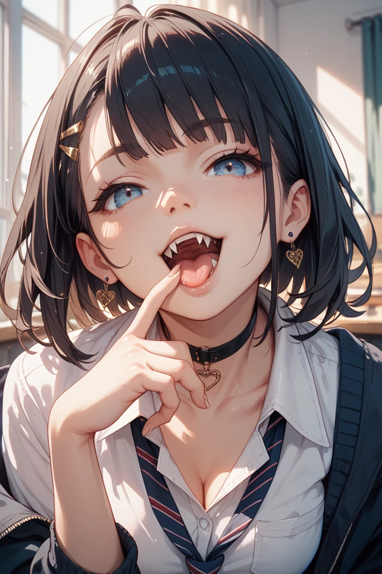 looking ahead,from above,slouch,handjob,side view,face focus,open mouth,tongue out,cum on tongue,Licking the penis,(1girl,Beautiful 14 year old girl),((Slender,Small breasts,Baby Face,Small face,)),looking at viewer,Black Hair,bangs,two side up,Gray Eyes,Drooping eyes,slit pupils,narrow eyes,Sheer black negligee,Collar with leash,Beautiful and detailed anime art,Mischievous smile,Dimly lit room,Simple Background,Gray background,Low lighting