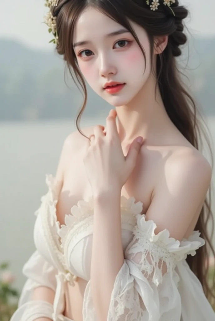 Front above view, naked, topless, tits out, nipple, ideal tits, bride dress, grass background