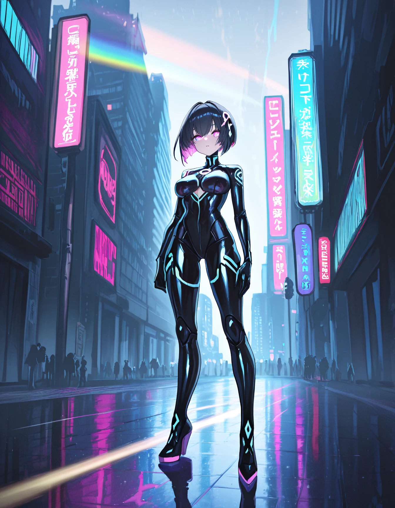 Cyborg girl, Velma Dinkley, in a futuristic urban environment, with visible mechanical body parts like cybernetic arms and legs, and a bionic eye. She wears high-fashion clothing with technological details and neon accessories. The background shows a futuristic city filled with digital advertisements and an atmosphere of urban chaos.”
