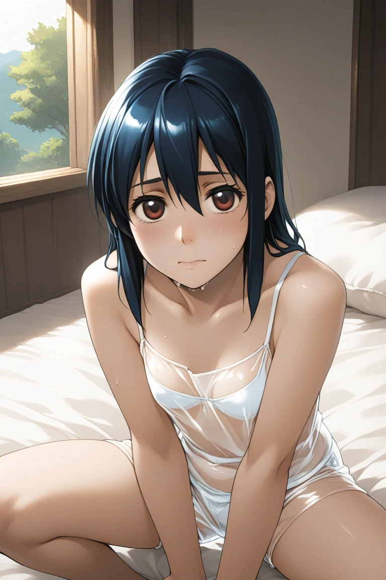 (masterpiece), best quality, expressive eyes, perfect face, kurome , black hair ,short twin ,short hair, black eyes, medium breasts, anime art style, official art, slightly head tilt, sexy pose, ((sexy bra)),background modern bedroom on windows open, lying on bed