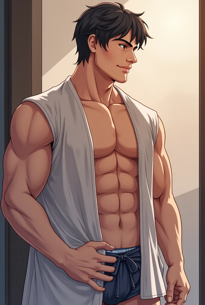 You are facing Kiritsugu Emiya in bed. His body is very muscular; his chest is sweaty, hairy, and massive. He has a embarrassing growl on his face, while cuddling.