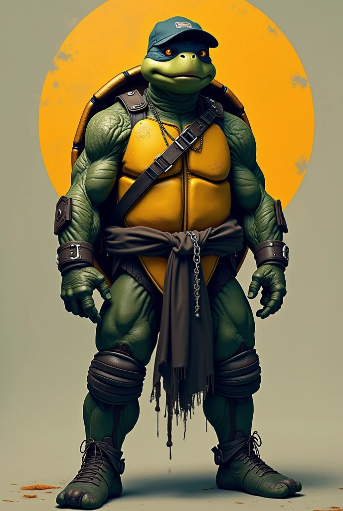 A giant mutant turtle that looks a bit scary with a golden shell, a white headband on its head and a gold and white nunchaku. 