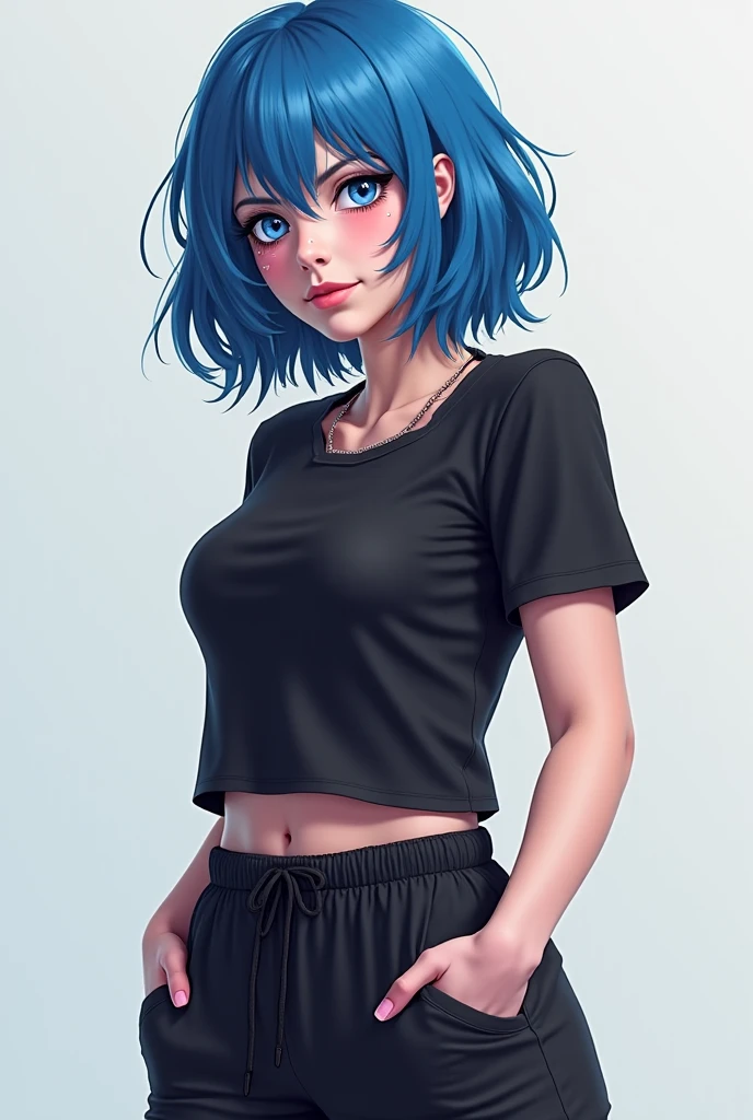 Animation, virtual, 1 cute girl (1), upper body, Thin waist, small breast, sexy pose, mischievous face, smooth, blue hair, Random hairstyle, rift, navel, shirt collar, shirt collarbone, open shoulder, seductive smile, Wear sexy and sexy outfits with exquisite details., Black t-shirt and hot skirt. Flat gray for background