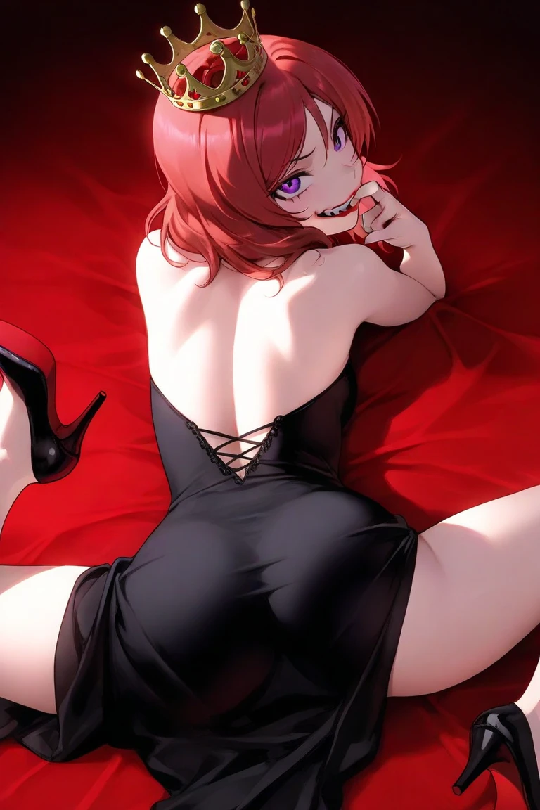 detailed, red hair, purple eyes, dominant, fangs, black dress, thigh slit, dark background, blood themed, sleepy eyes, eye glare- purple, seductive