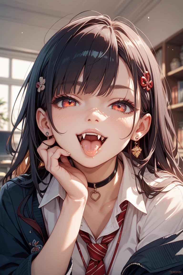 Sitting on a black sofa,looking ahead,from above,side view,face focus,open mouth,tongue out,cum on tongue,lick,(1girl,Beautiful 14 year old girl),((Slender,Small breasts,Baby Face,Small face,)),looking at viewer,Black Hair,bangs,two side up,Gray Eyes,Drooping eyes,slit pupils,narrow eyes,ollarbone,black t-shirt,off-shoulder look,Black and red checkered short skirt,Beautiful and detailed anime art,Mischievous smile,Dimly lit room,Simple Background,Gray background,Low lighting