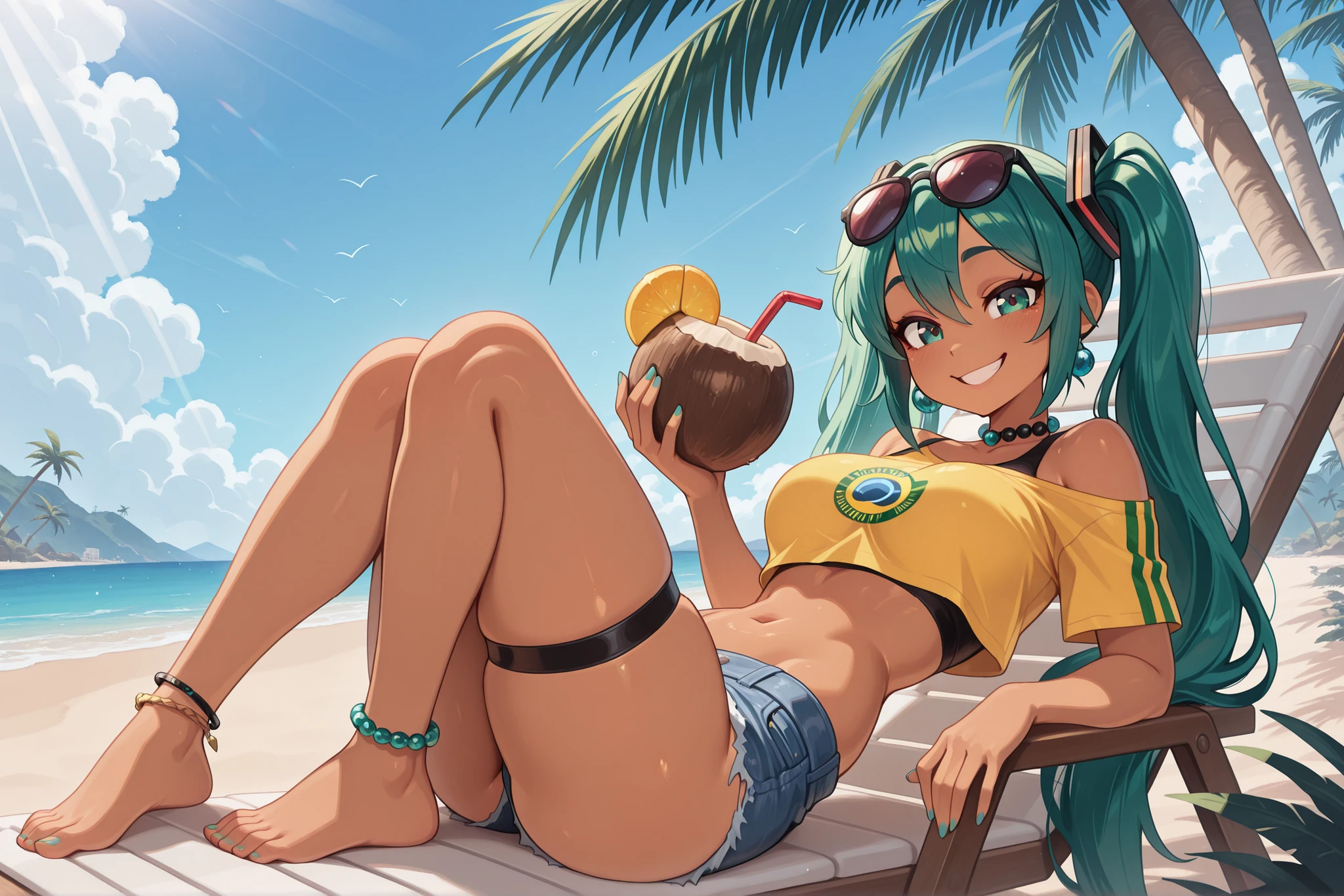masterpiece, best quality, amazing quality, newest, very aesthetic, 1girl, brazilian miku, smile, looking at viewer, twintails, bead choker, yellow shirt, crop top, denim shorts, thigh strap, sunglasses, eyewear on head, barefoot, anklet, holding coconut, fruit cup, sitting, leaning back, beach chair, palm tree, beach, sunshine, sunbeam, absurdres, highres