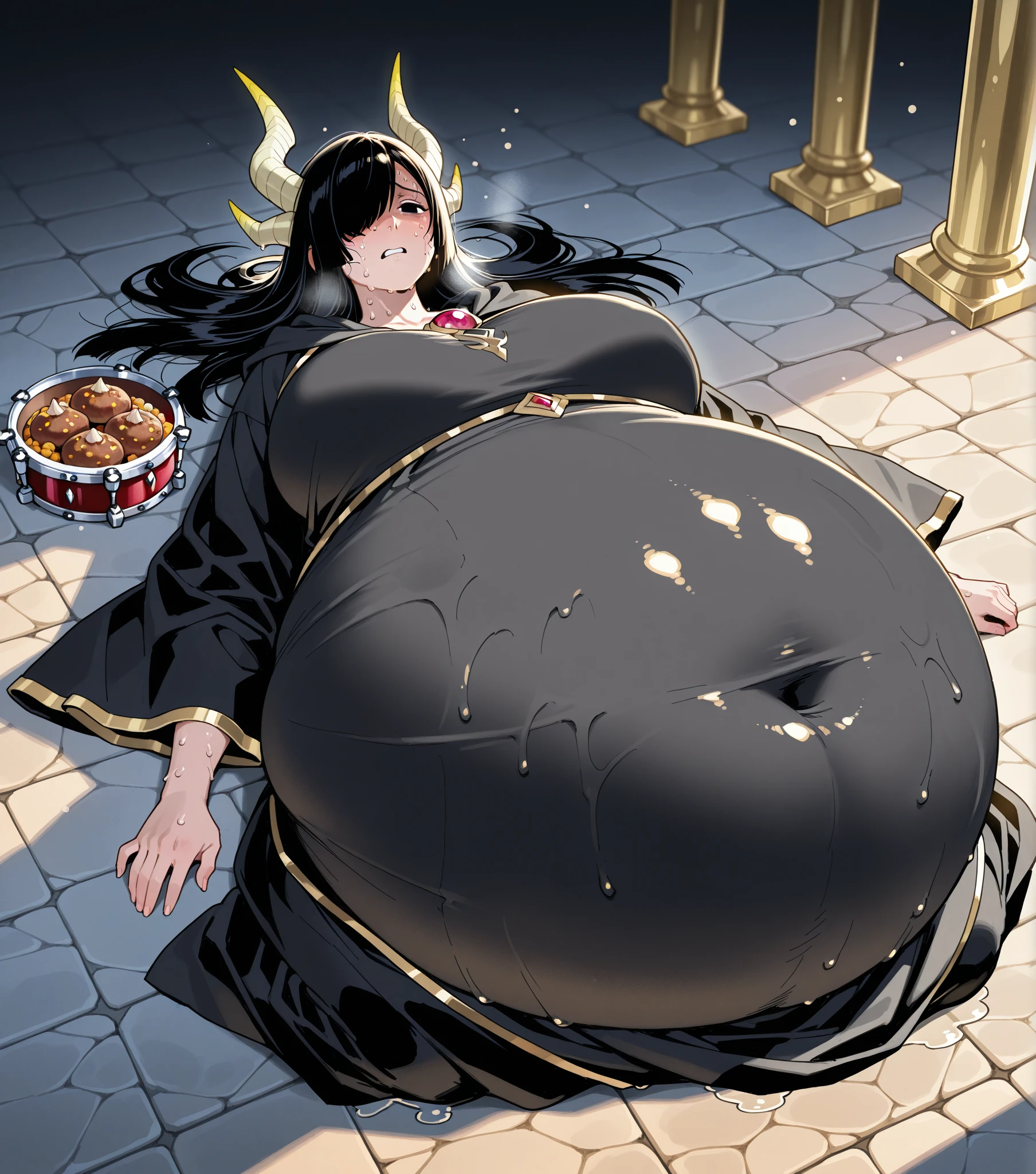 masterpiece, 4K, 1girl, solo, obese albedo \(overlord\), 
huge fat breasts,,  white_horns, slit pupils, obese body,
demon horns, 
black wings, feathered wings, low wings, large wings, 
detached collar, white dress, sitting, in castle kitchen, on back, eating a lot food, elbow gloves,