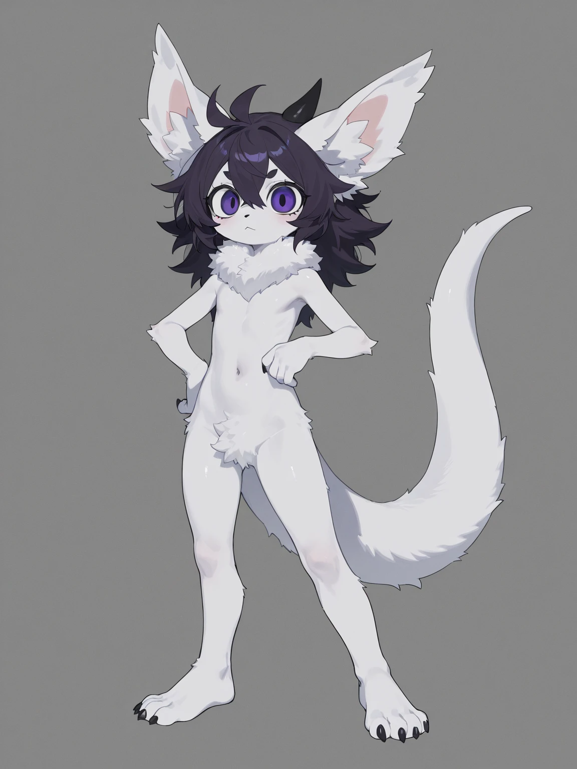Solo, score_9,score_8_up,score_7_up, kemono style, a young nerdy Anthro furry wolf woman, wolf snout, white furry body, tall, long black messy hair, black hair, hair in a pony tail, hair covering one eye, white wolf tail, blue eyes, white wolf ears, white wolf tail, small breasts, naked, feet paws, 4 toes, plantigrade, pouting, side view, standing