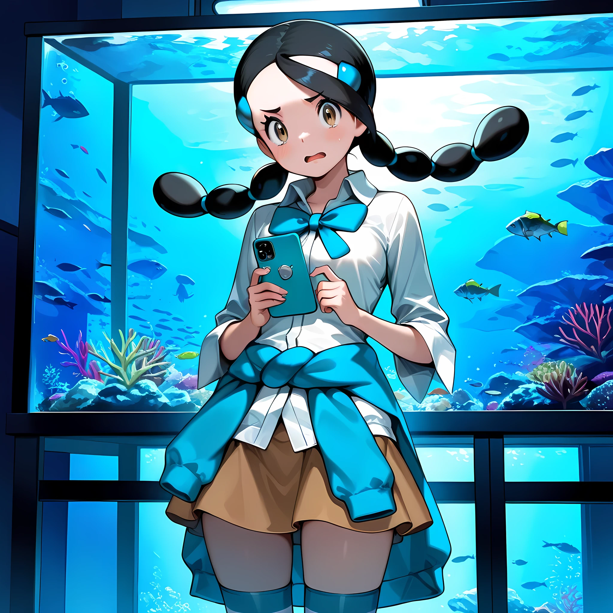 masterpiece, best quality,1boy,solo,candice_(pokemon),zzCandice, hair ornament, twintails, hairclip, striped socks, bowtie, sweater around waist, brown skirt,dark room,aquarium,fish tanks,phone,light blue phone,looking at viewer,frightened,cowboy shot