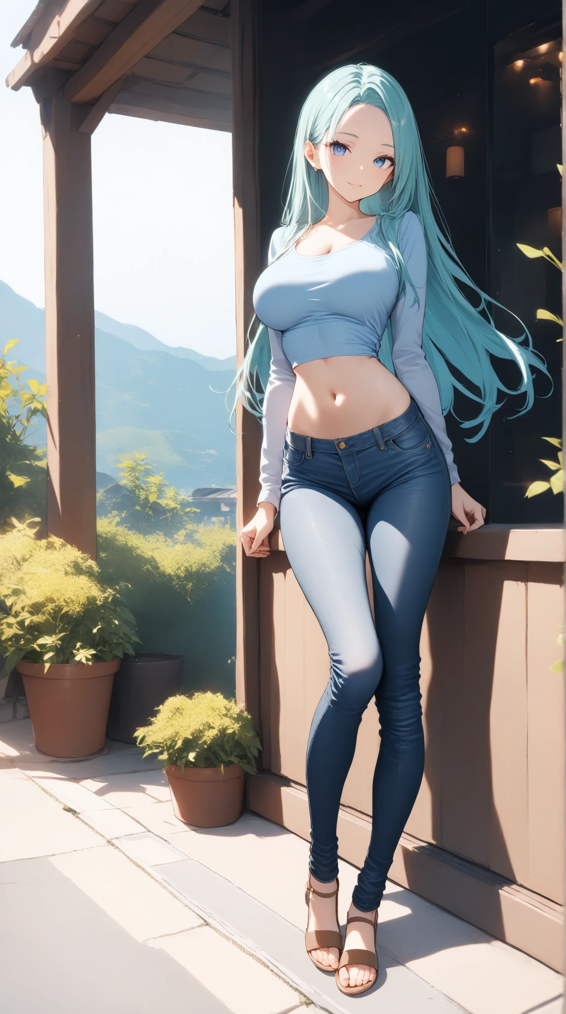 (Best quality), (masterpiece), (ultra detail), A cute girl, highly detailed face, indifferent facial expression, teal crystal eyes, turquoise hair, french braid, full body, in the country side castle in England like , BREAK, (black yoga leggings) ,  ( tight black cropped t-shirt) (navel showing )
