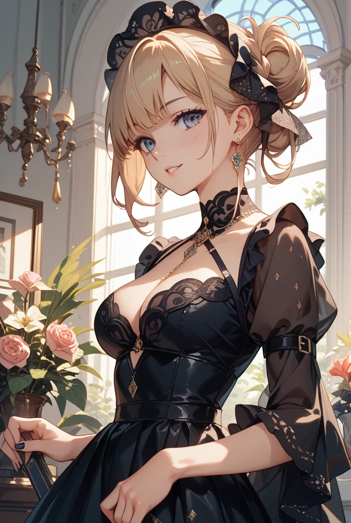 (((Masterpiece))),(((Super Detail))),(((in 8K))),(((best composition))),(((Rim lighting,Fireglow effect,deep shadow))),solo),Beautiful fingers,Detailed finger features,(Detailed hair features:1.7),(Dynamic and sexy bending pose:1.3),detailed facial features,detailed clothes features, (perky chest:1.1), (pointed chest:1.3), delicate beautiful face, Bright blue eyes, cute eyes, sparkling eyes, Big eyes, beautiful detailed eyes,double bun with glittering hair ornament:0.6,(super detailed glossy skin:1.3),slender body,goddess smile,((with sparkling eyes and a contagious smile)),beautiful posture,have a cup of coffee,black hair, red eyes, dress, bare shoulders, jewelry, collarbone, sidelocks, hairband, earrings, indoors, off shoulder, sweater, arms behind back, plant, short hair with long locks, white hairband, off-shoulder dress, sweater dress, off-shoulder sweater, red sweater, big side hair, very long side hair,(super delicate floral pattern:1.2),seductive cleavage:1.3,beautiful glossy legs,shiny red high heels,lifting dishes with cakesd,french restaurant,hustle and bustle,rising steam,(((depth of fields)))
