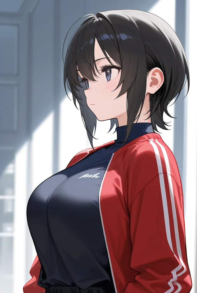 [ 4 k digital art ]!!,ecchi anime art style,fling on zip jacket,white shirt,short pants,red tracksuit,(tanned skin:1.2),japanese female,16 years old,thick thighs,wet hair,(sweaty),girl in heat at sunny trackfield,black short hair,