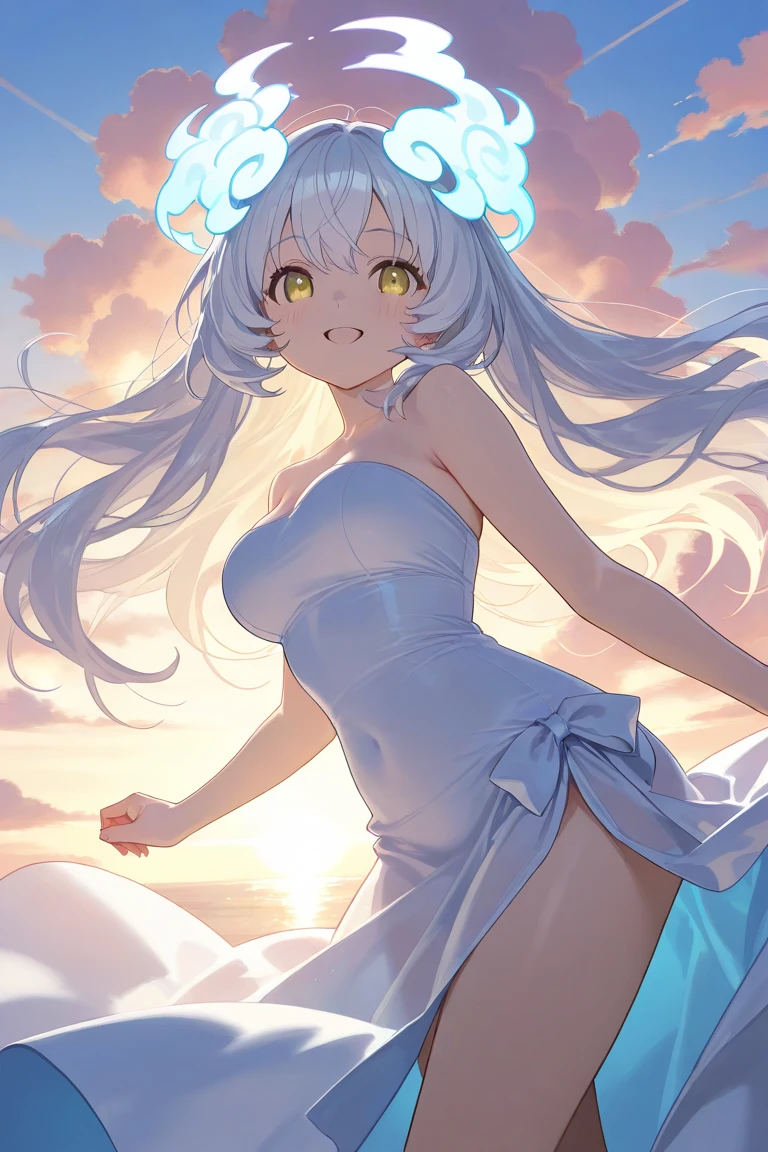 tmasterpiece,best qualtiy,cinematic Film still from,1girl in,Cloud Girl,white color hair,Floating in the sky,closeup cleavage,brightened,cheerfulness,Warm and soft lighting,Evening glow,(spark of light:0.7),full body Esbian