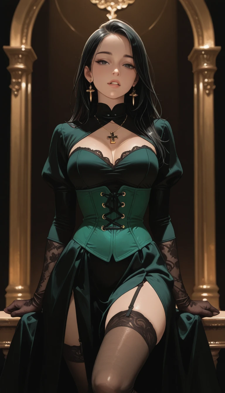 A noble Swedish vampire, very beautiful, long straight red hair, clear green eyes, Round face, Caucasian skin, middlebreasts, Waist slender, wearing stylish dark clothes, and attractive, in a dark room IN THE MIDDLE OF THE NIGHT, Dutch angle.