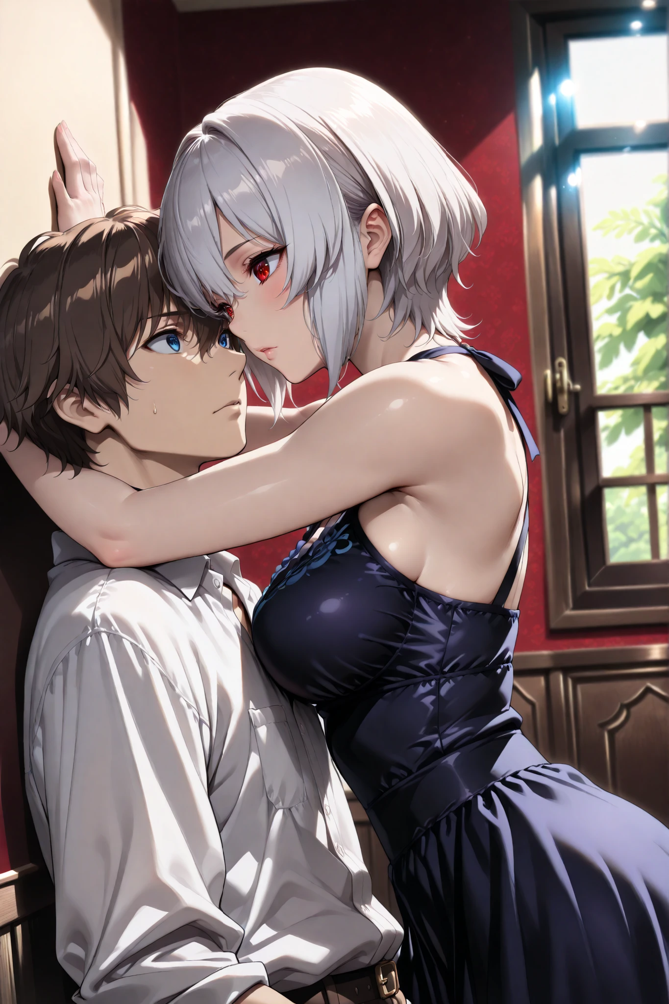 surrealism, High detail, (higres), ultra quality, Cinematic lighting, Ray tracing, Eye level shots, hyper HD, Masterpiece, 4K, Best quality, 1 boy and 1 girl, ((1 boy has blue eyes, brown hair, wearing white shirt and purple syal, no expression)), ((1 girl has red eyes, medium breast, white hair, short hair, wearing red dress, off shoulders)), half body, room background, ((a girl has embarrased face)), from side potrait, (eye contacts), boy's hand on wall
