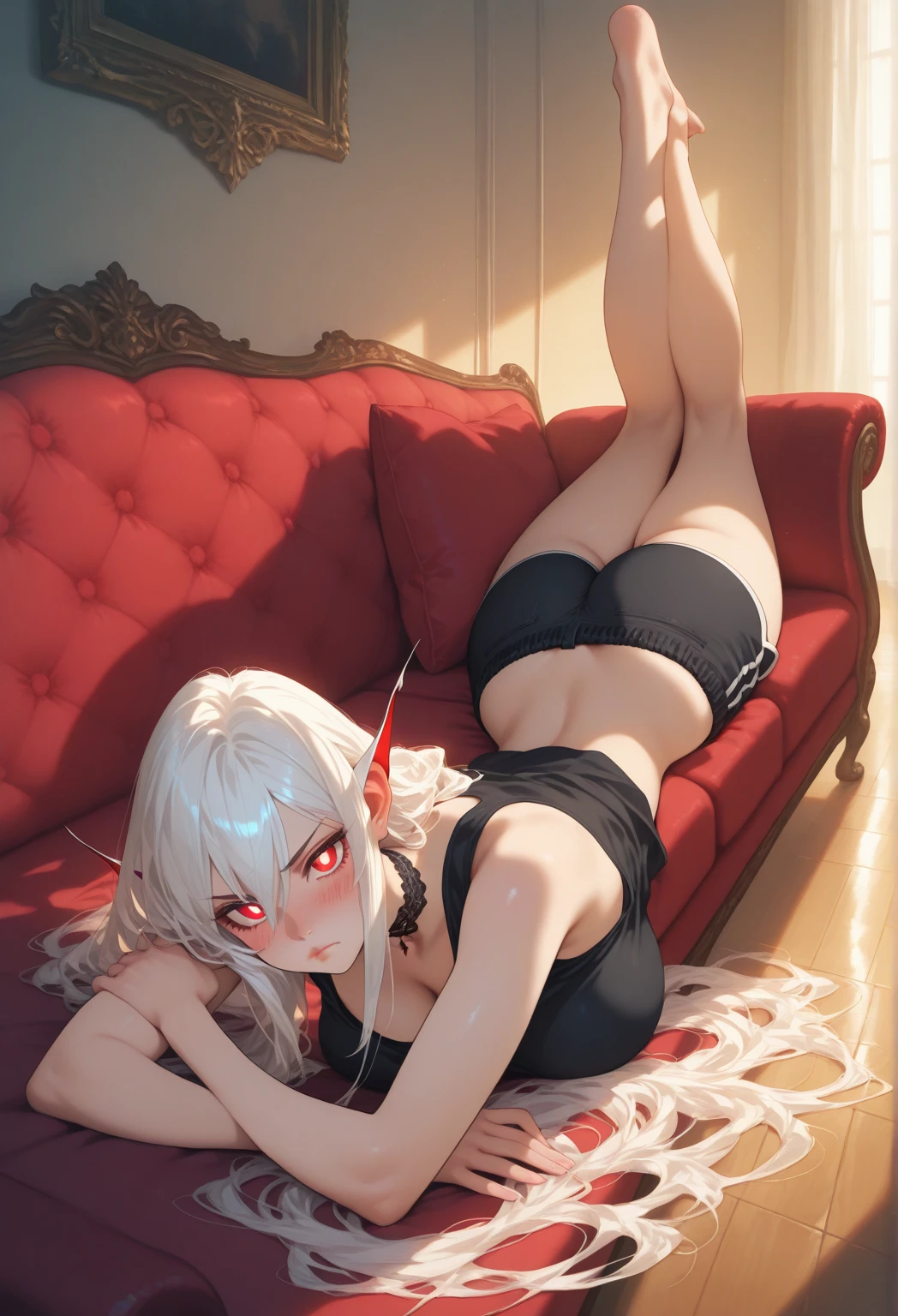 > **scene:** > A female blood demon advancing towards the camera with a threatening and seductive posture. His feet are bare and highlighted, showing his power and attractiveness. The camera is focused on his progress, highlighting his defiant attitude. The character's entire body must be visible. > > **Appearance:** > - **fur:** pale pink, with a subtle glow. > - **Hair:** short, pink with touches of red and white, slightly messy. > - **Clothes:** Scanty but elegant clothing, with leather straps and light armor covering strategic parts of his body, leaving enough skin exposed to enhance your attractiveness. > - **expression:** Challenging and seductive, with a fixed gaze towards the camera. > > **bottom:** > A dark and mystical scene with swirling red fog and shadows. The background includes ancient ruins and a bloody altar with demonic markings and symbols. > > **visual effects:** > - **Blood Aura:** Red and black particles floating around his body. > - **Shadows and Dark Energy:** Emanating from your feet and hands. > - **bright Eyes:** With a deep red glow. > > **Additional details:** > Blood marks on his skin and clothes, lighting that accentuates your facial features and highlights the contrast between the darkness of the background and its pale glow. Feet focus