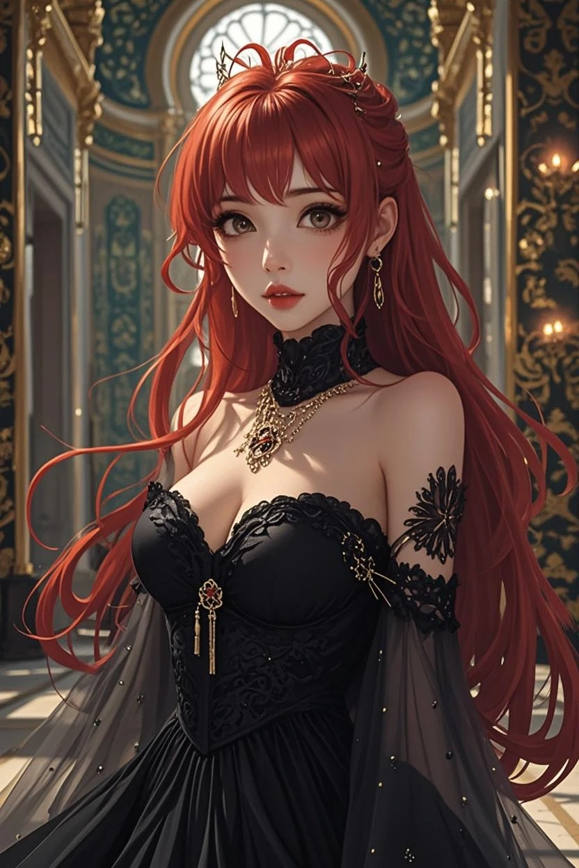 Gothic Fashion、20-year-old woman、8k、high resolution、Detailed clothing、3D Anime Style、Red curly hair、Big dark eyes、High resolution, Very long hair, masterpiece, Earrings, Open your mouth a little, Character portrait,