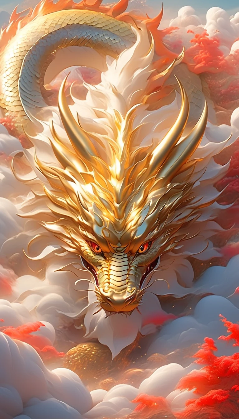 logo、masterpiece、(White background:1)、Golden Chinese dragon surrounded by white clouds、god々々Hello、Wind、god々、Long undulating body、tooth、Upper body、Fantasy、god話、high quality、Very detailed、masterpiece、narrative poem、Particle Effects、Dynamic Effects