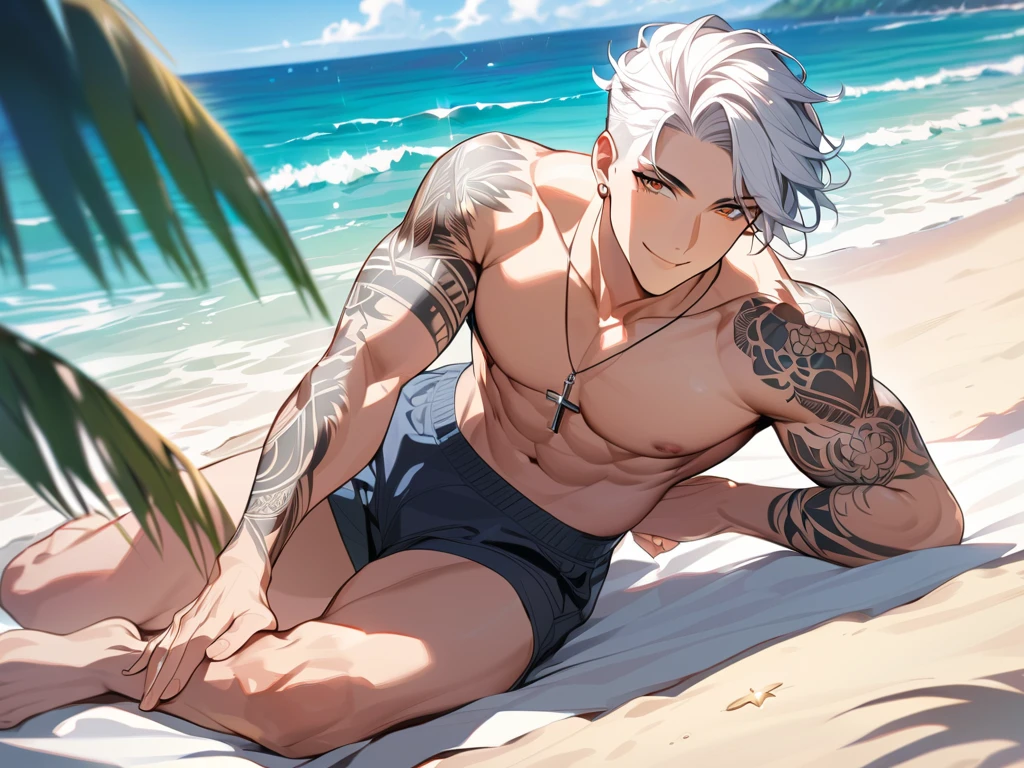 18 years old handsome boy shirtless abs white hair lying on the beach in panties shade with one hand anime style --auto