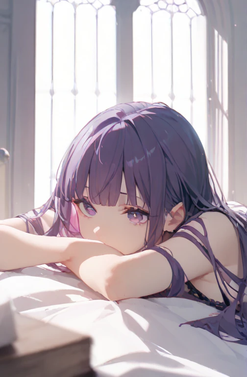 yuukikonno, Yuki Konno, long hair, pointed ears, purple hair,(small breasts:1.2), open your mouth,girl sleeping with both eyes closed,smile,Bedroom, windows,romantic starry sky,A meteor crosses,T-shirt,Purple underwear,sleeping in bed,night,sleep with your head on the pillow,Sleeping lying on your back in bed,dark room,night, break indoors, Bedroom, break (masterpiece:1.2), highest quality, High resolution, unity 8k wallpaper, (shape:0.8), highly detailed face, perfect lighting, Very detailed CG, (perfect hands, perfect anatomy),